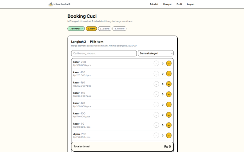 Tampilan wizard booking — memilih item cuci dan estimasi harga realtime