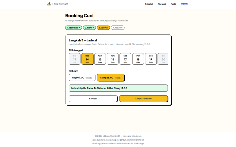 Tampilan wizard booking — memilih tanggal dan jam jadwal cuci