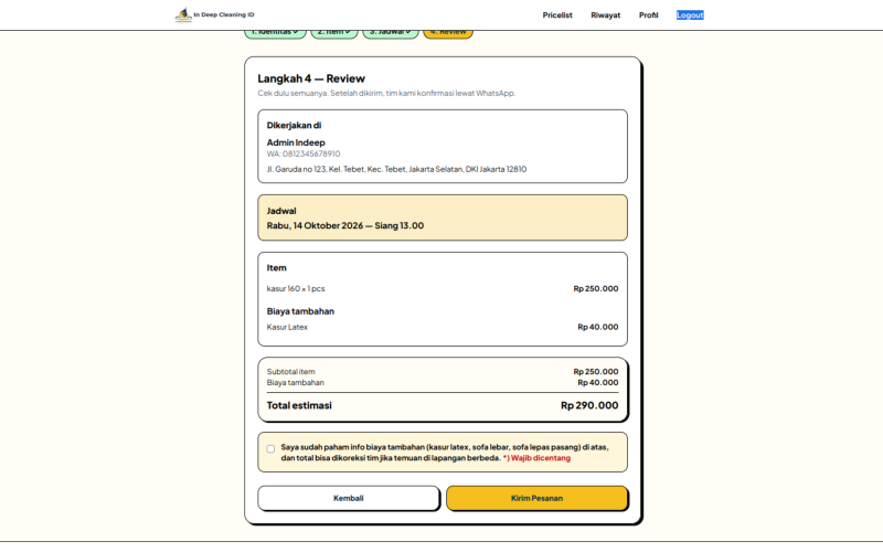 Tampilan wizard booking — review detail pesanan sebelum dikirim