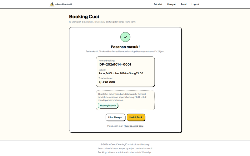 Tampilan struk digital setelah pesanan booking berhasil